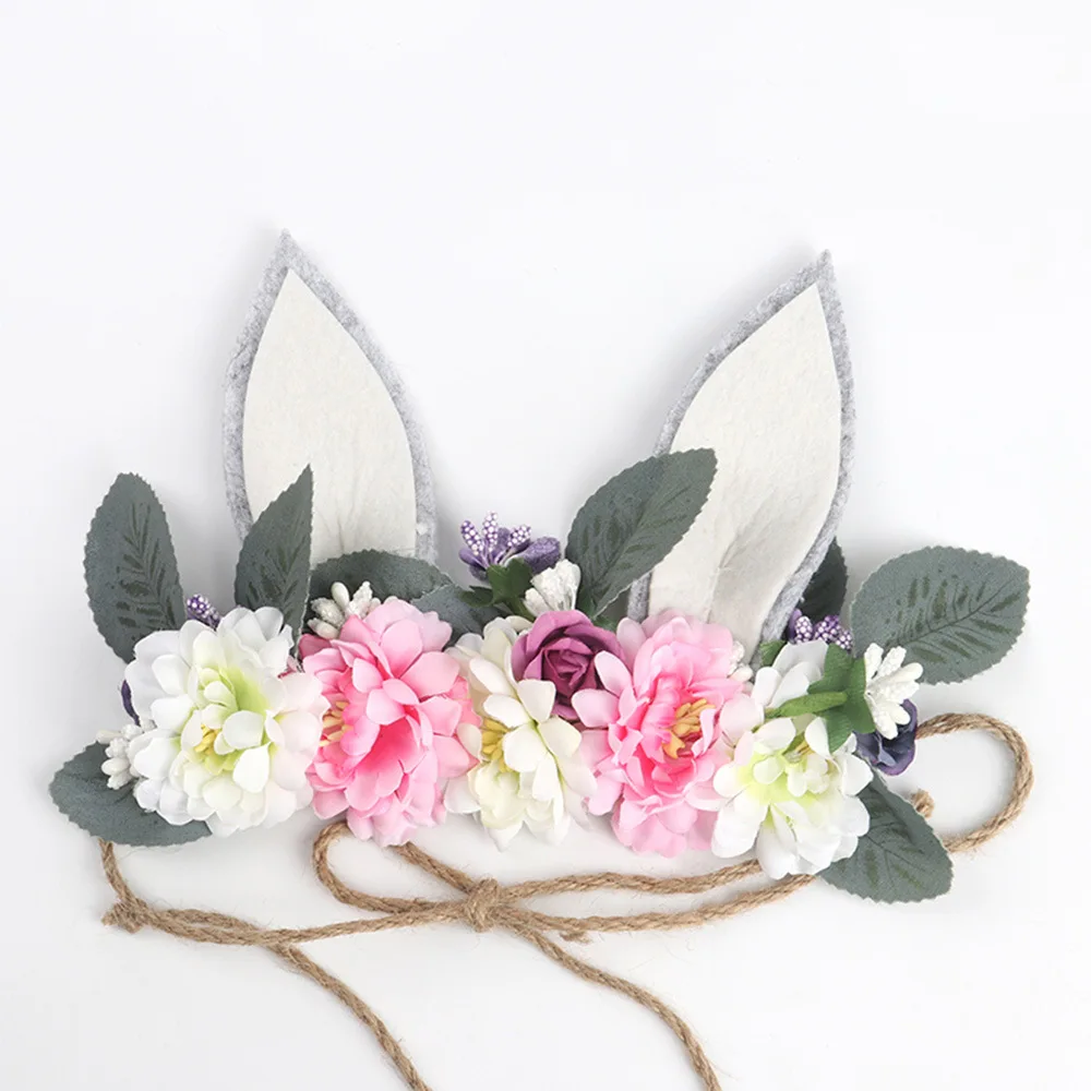 

Easter Bunny Flower Crown Headband, Girls Bunny Ear Tie Back, Easter Photo Prop