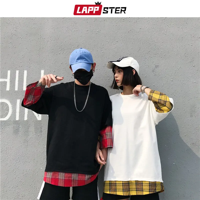 

LAPPSTER Summer Yellow Plaid Streetwear T Shirt 2019 Fake Two Pieces Harajuku Patchwork T-shirts Men Funny T Shirts Long Sleeve