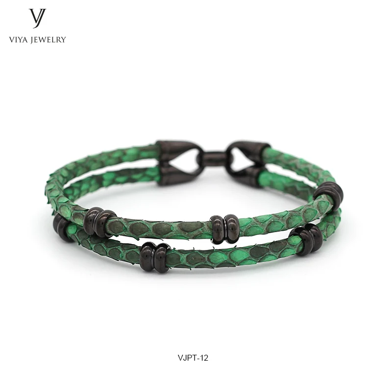 

Two Round Wrap Wrist Bracelet Real Green Python Leather Cords Bracelets Bangle For Women Men Luxury Leather Jewelry Bracelet