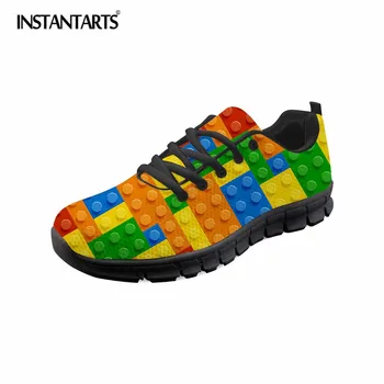 

INSTANTARTS 3D Colorful Toy Block Printed Women Flat Shoes Breathable Air Mesh Sneaker Shoes Girls Ladies Autumn Lacing Sneakers