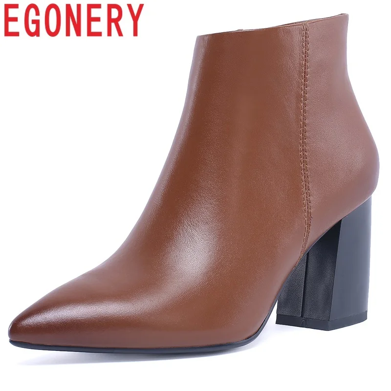 

EGONERY 2018 popular newest genuine leather pointed toe high square heel zipper black and brown big size winter concise booties