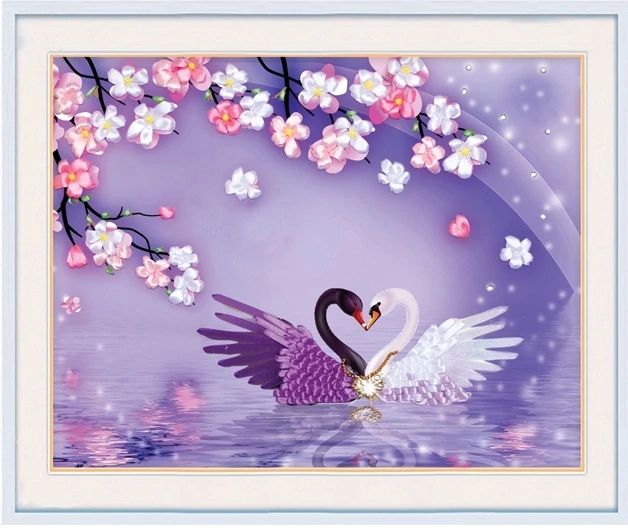 

DIY 3D Ribbon Embroidery cross stitch kits sets Simple handmade needlework / One pair of swans black and white paintings