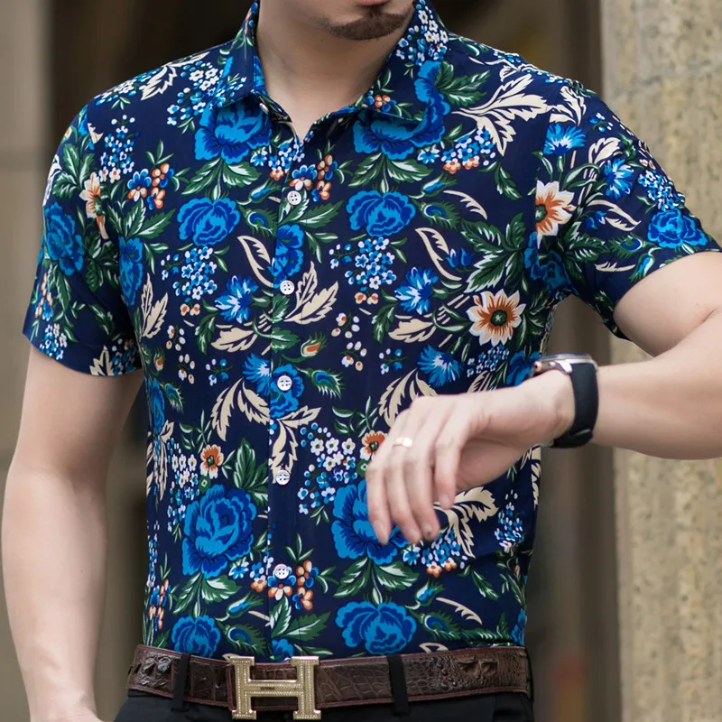 Мужская гавайская рубашка с коротким рукавом, мужская приталенная рубашка Camisa Masculina, летняя Гавайская Повседневная мужская рубашка с цветочным принтом - Цвет: 8 Asian size