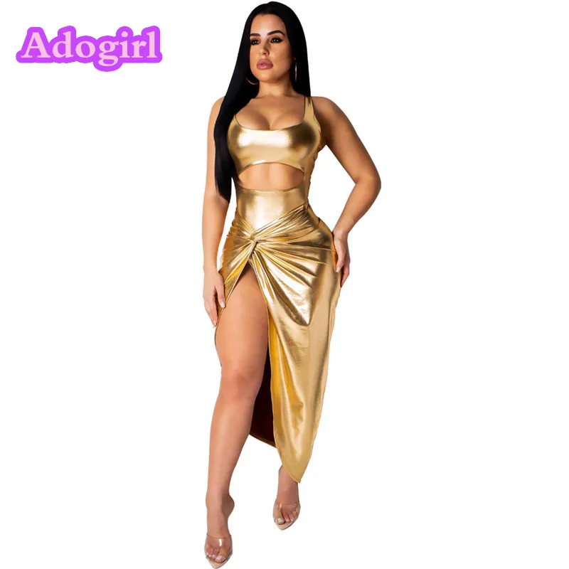 Adogirl/Золотое Платье из искусственной кожи с высоким разрезом; женские блестящие вечерние платья с квадратным воротником на бедрах; облегающее платье-футляр без рукавов