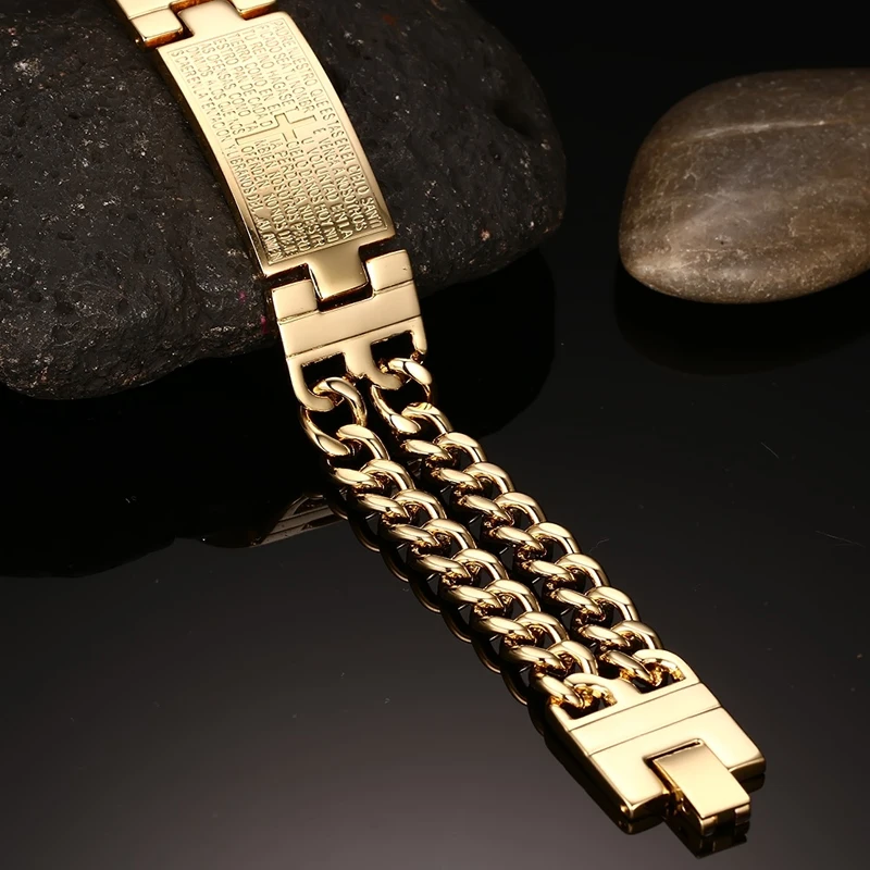 Gold Color ID Bracelet Men Scripture Stainless Steel Men Bracelet Metal Cross Double Hand Chain Bracelets & Bangles for Male