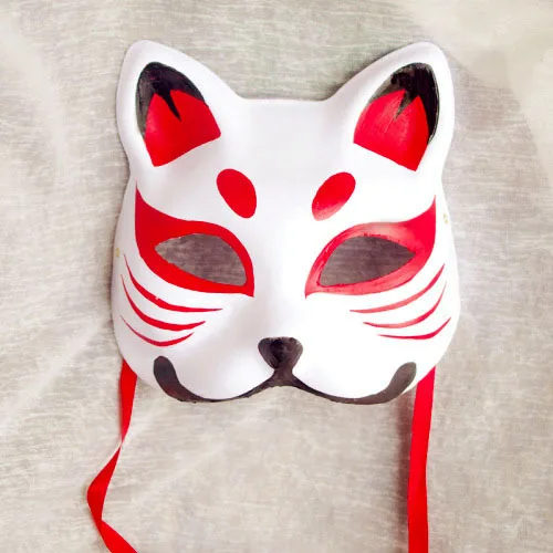 Half Face Hand Painted Red Pattern Japanese Fox Mask Kitsune Cosplay