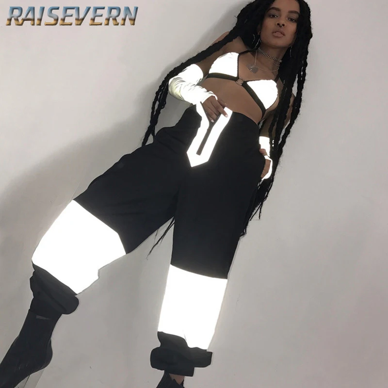 

Hip Hop Women Reflective Tracksuit Harem Pant Trouser Vest and Long Pant 2 Piece Set Loose Jogger Mujer Zipper Casual Streetwear