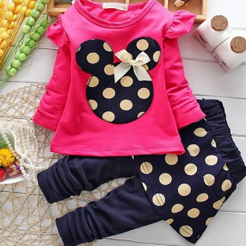 Комплект одежды с Минни Маус, одежда для маленьких девочек на весну и осень, футболка, топы, брюки в горошек, вечерние - Цвет: Красный