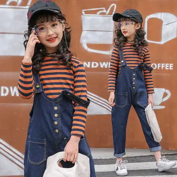 

2019 Autumn Kids Girls Jeans Knit Suits Children Loose Bib Denim Pant+Striped Top Long T-Shirt 2Pcs Sets Teens Girls Clothes Q90