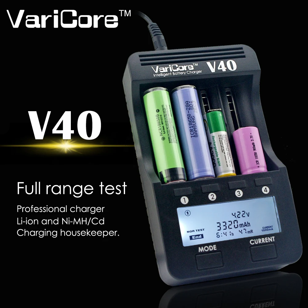 VariCore V40 3,7 V 18650 26650 18350 16340 18500 25500 10440 NiMH 1,2 V AA AAA 5V Выход LCD Смарт зарядное устройство