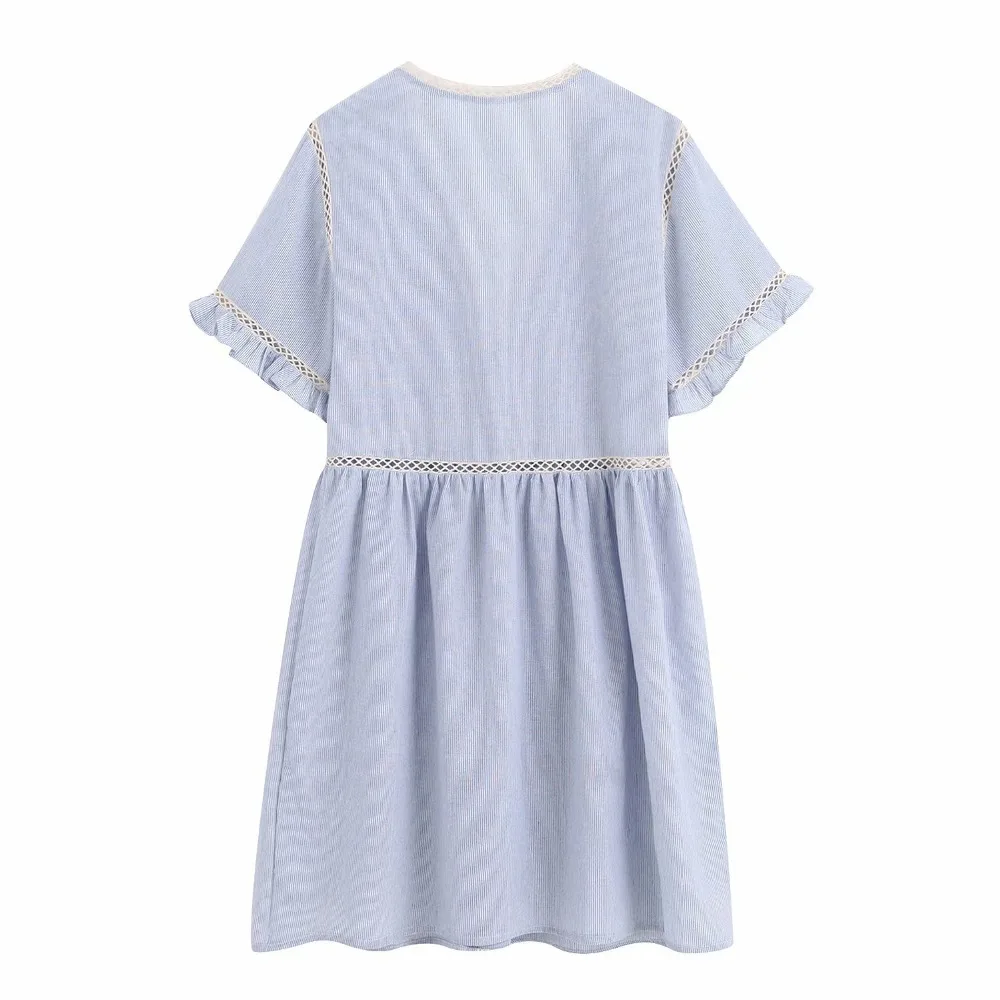 Women Summer 2019 Street Leisure French Hollow Out Stripe V-Neck Dresses Beach Holiday Party Sex Cute Mini Dresses DS51 (2)