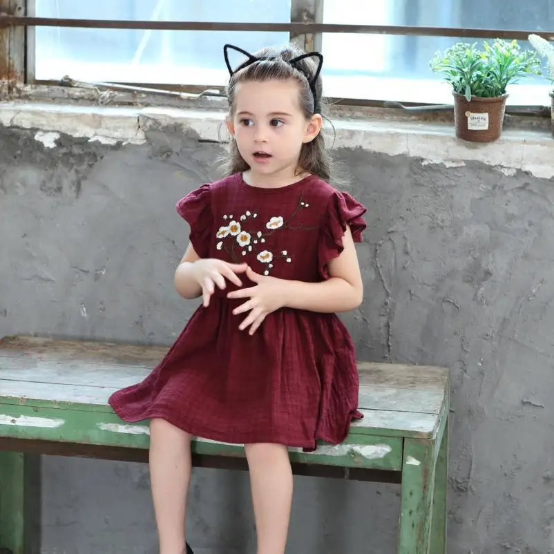 

Wine Red Girl Dress A-line Floral Embroidery Baby Christmas Dress Kids Frocks Clothes Princess Costume Little Girls Clothing