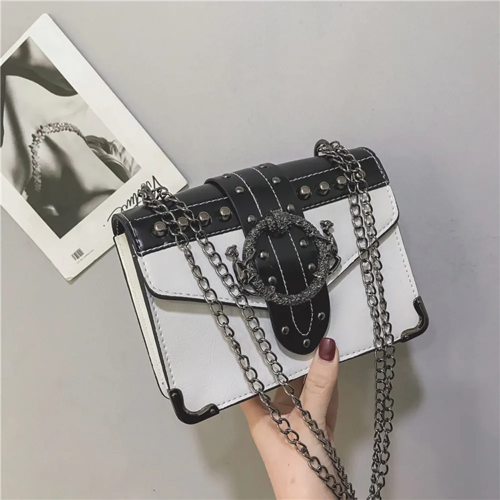 

2019 new women's diagonal bag fashion rivet leather round buckle chain slung shoulder bag high quality temperament handbag