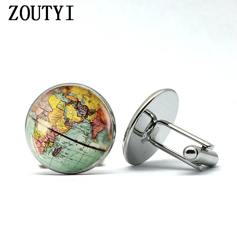 

2018/Retro Earth World Map Cufflinks Global Planet Art Photo Crystal Glass Dome Shirt Cuffs