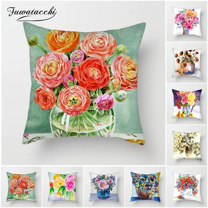 

Fuwatacchi Oil Painting Printed Flowers Cushion Cover Rose Sunflower Daisy Pillow Cover for Home Decorative Pillows Cover