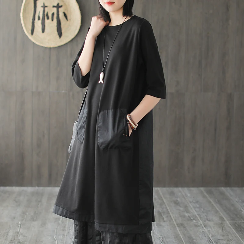 Весенне-летнее платье, модное свободное женское Повседневное платье, платье с О-образным вырезом и коротким рукавом, с карманом, женское платье в стиле Mori girl - Цвет: Черный