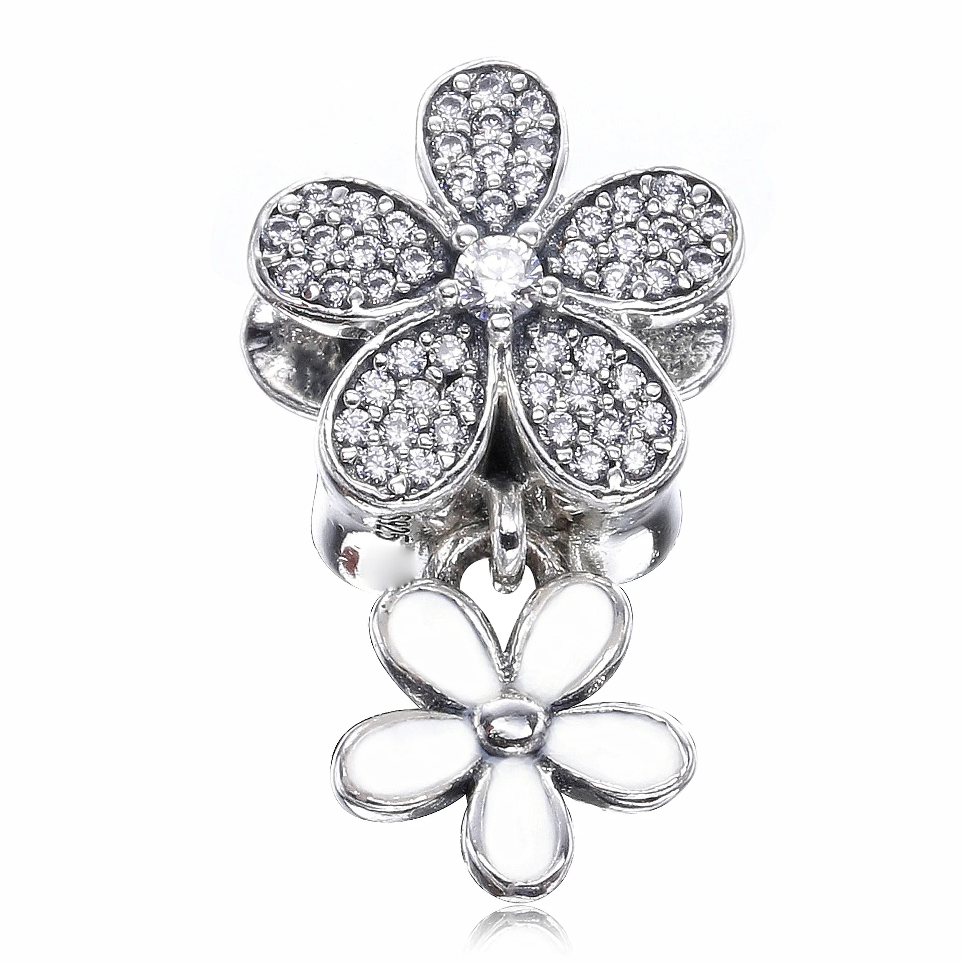 

925 Sterling Silver DIY Beads Dazzling Daisy Duo Charms With White Enamel Clear CZ Fits Original Pandora Charms Bracelet Jewelry