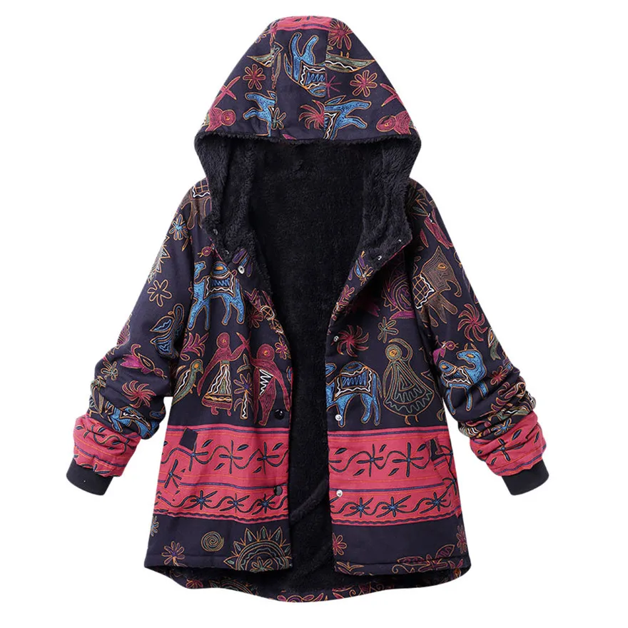 

Women Winter Warm Outwear Hooded Floral Print Pocket Vintage Patchwork long Oversize Coat #1102 487-733g