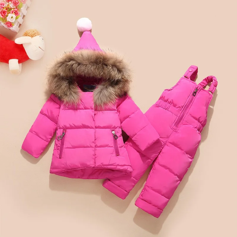 Зимняя детская одежда пуховое пальто для мальчиков и девочек Детский Теплый зимний комбинезон, верхняя одежда+ комбинезон, комплект одежды, Детские Зимние куртки для русской зимы - Цвет: XS308-Rose