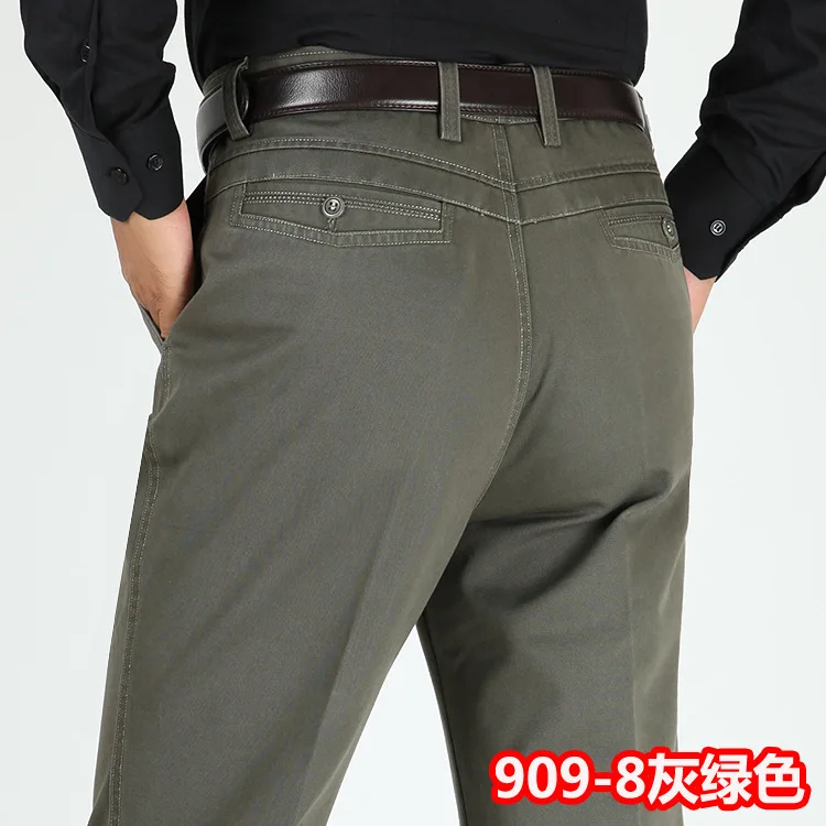 Осенние зимние толстые мужские повседневные брюки с высокой талией, удобные прямые брюки для мужчин среднего возраста, хлопковые брюки для отдыха - Цвет: 9098 grey green