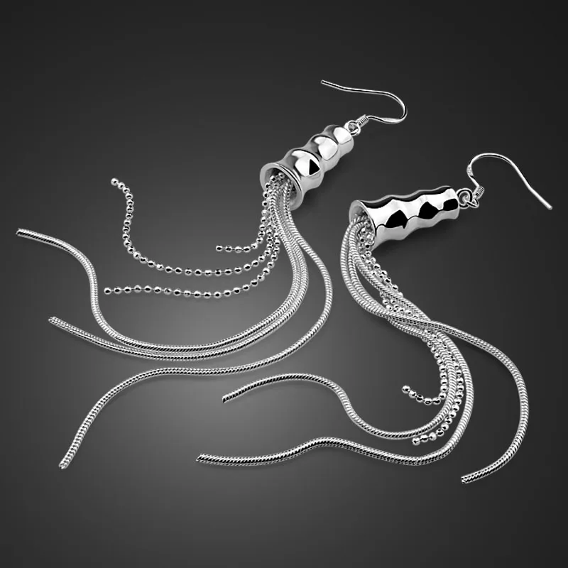 

New fashion silver long tassel earrings.Beautiful bride snake chain earrings.Solid 92 sterling silver women jewelry.gift