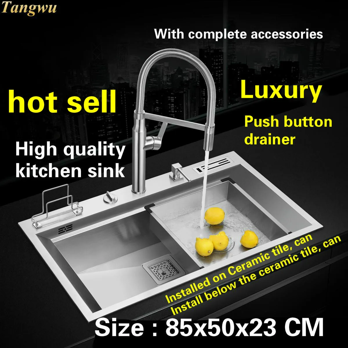 

Tangwu Apartment high quality kitchen sink 304 stainless steel mesa control the drainage manual single slot 850x500x230 mm