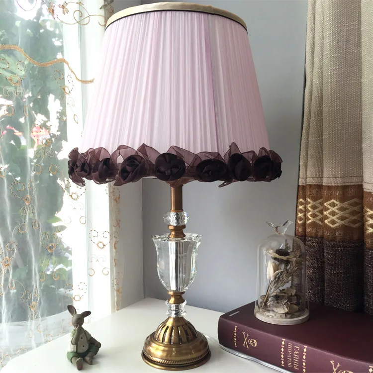 

TUDA 36X60cm Free Shipping Modern European Style Table Lamp Pink Fabric Lampshade Table Lamp Luxury K9 Crystal Table Lamp E27