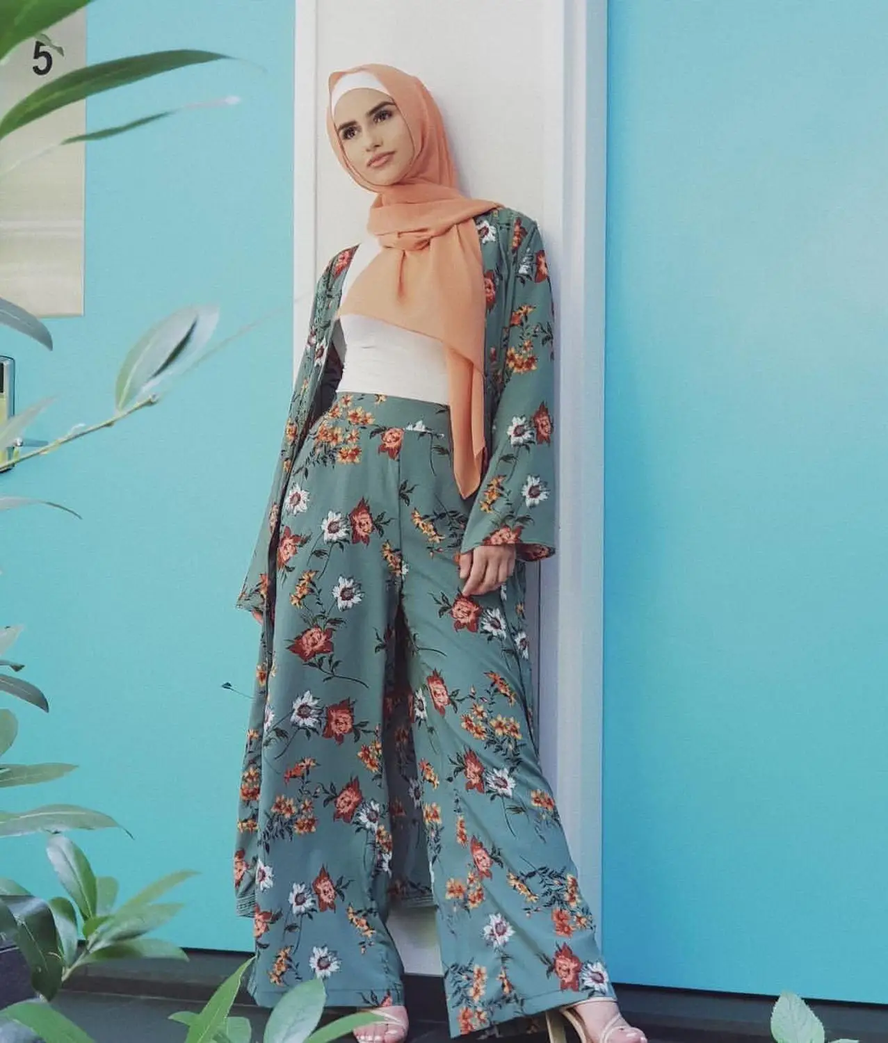 

Summer casual holiday print floral Muslim set lady girl top cardigan +pants