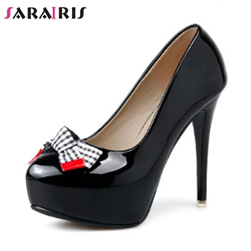 

SARAIRIS 2019 Elegant Sweet Bow Shoes Woman Sexy High Heels Round Toe Party Wedding Inner Platform Pumps Women Shoes