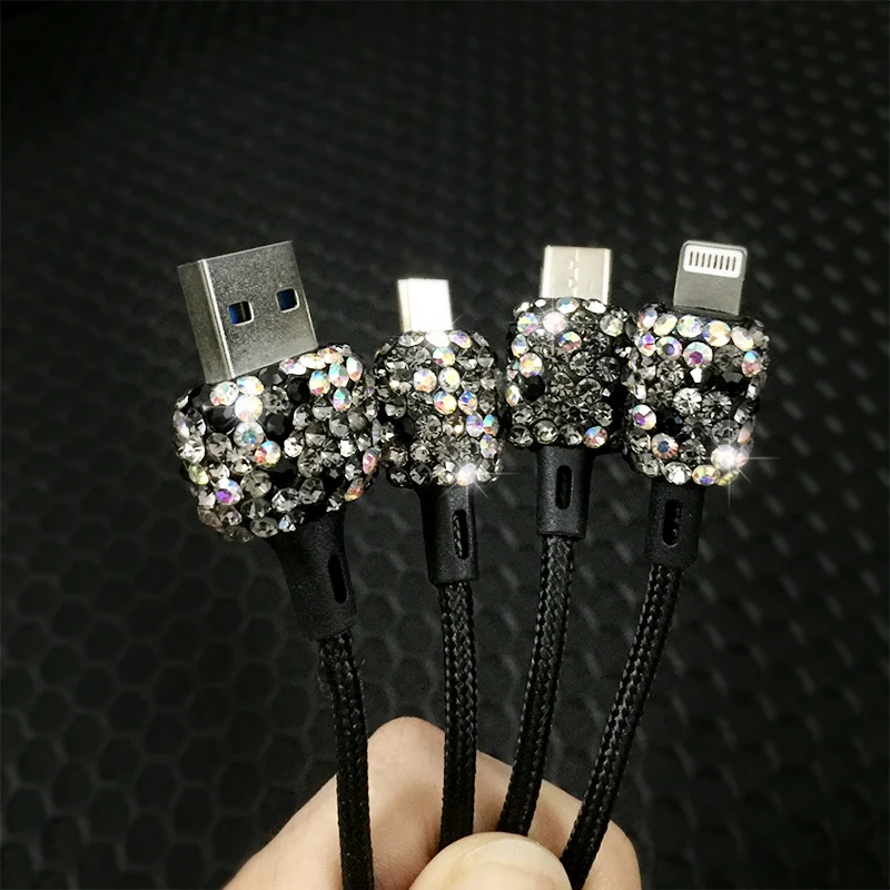 Модный женский бриллиантовый кристалл 3 в 1 USB кабель для зарядки iPhone зарядное устройство Micro USB кабель для передачи данных мобильный телефон type-c кабель
