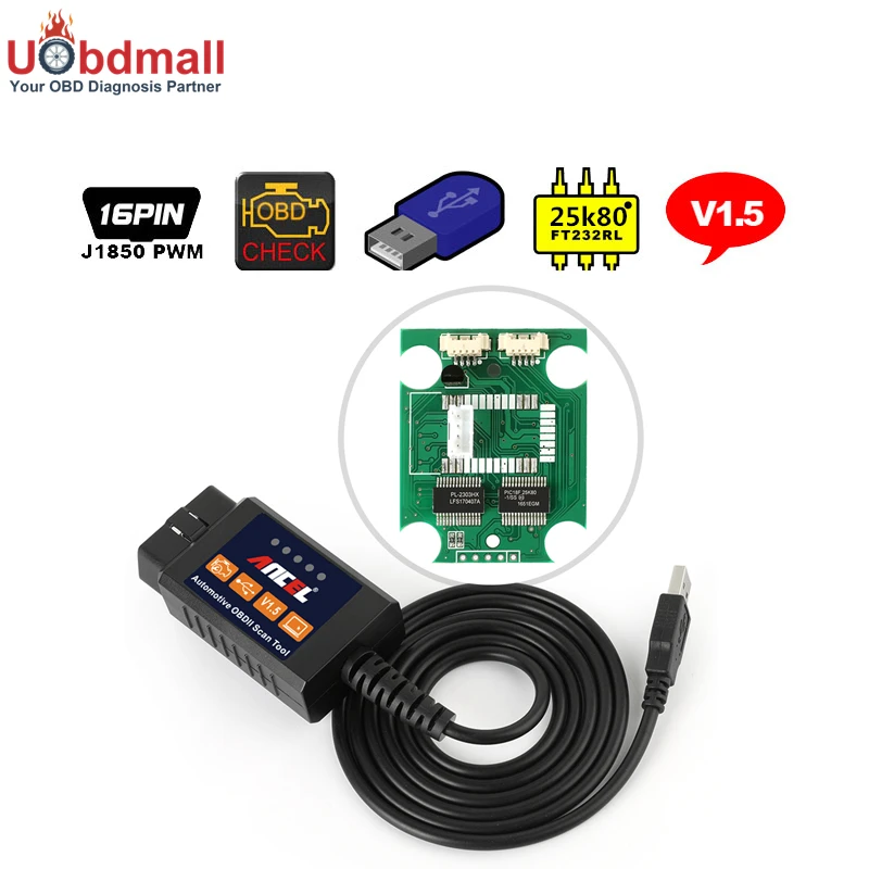 ELM327 USB V1.5 FT232RL chip +25K80 chip HS CAN / MS CAN OBD2 Auto