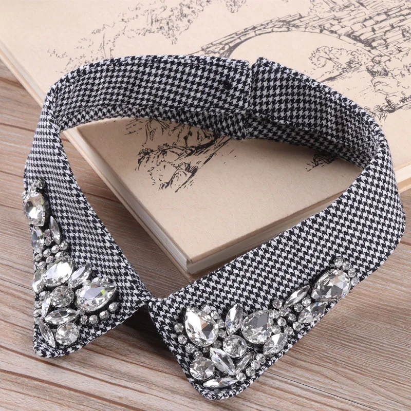 

Blouse Fake Collar Black Pink Plaids Tie Detachable Collar False Collar Flower Beading Lapel Blouse Women Clothes Accessories