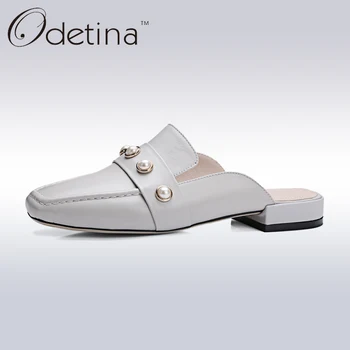 

Odetina 2019 Brand Genuine Leather Fashion Women Summer Slingback Shoes Low Heel Pearls Ladies Square Toe Half Slippers Mules