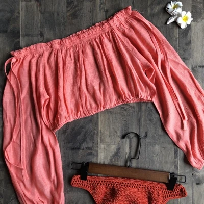 Короткие женские блузки летний короткий соблазнительный Слэш шеи с длинным рукавом-фонариком бикини пляжный купальный костюм - Цвет: Watermelon Red Top