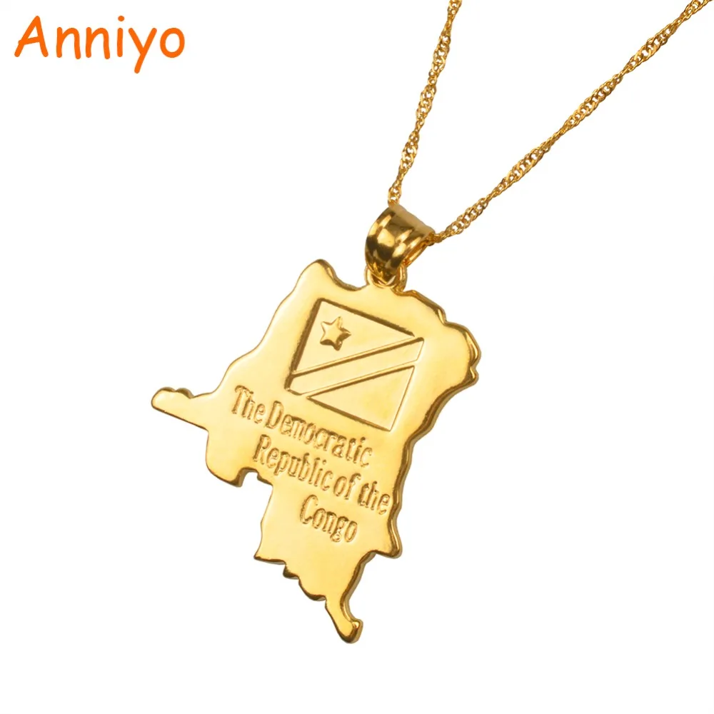 

Anniyo Democratic Republic of the Congo Map & National Flag Pendant Gold Color DRC Kinshasa Necklace Ethnic Jewelry #080706