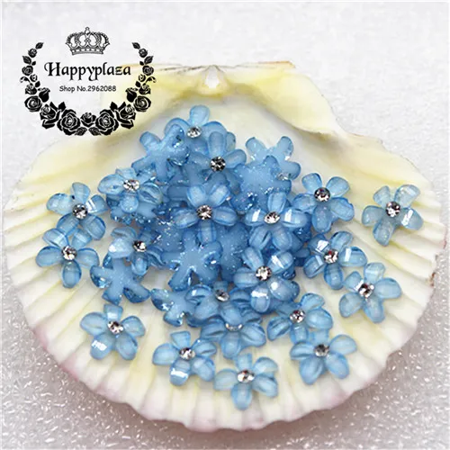 100pcs 10mm Glitter Rhinestone Resin Five-Petal Little Flowers Resin Flatback Cabochon DIY Jewelry/Phone Decoration - Цвет: light blue 100pcs