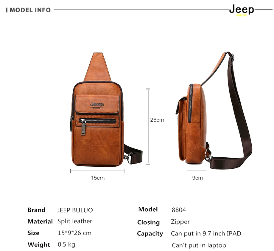 JEEP BULUO High Quality Men Chest Bags Split Leather Large Size Shoulder Crossbody Bag For Young Man Famous Brand Sling Bags