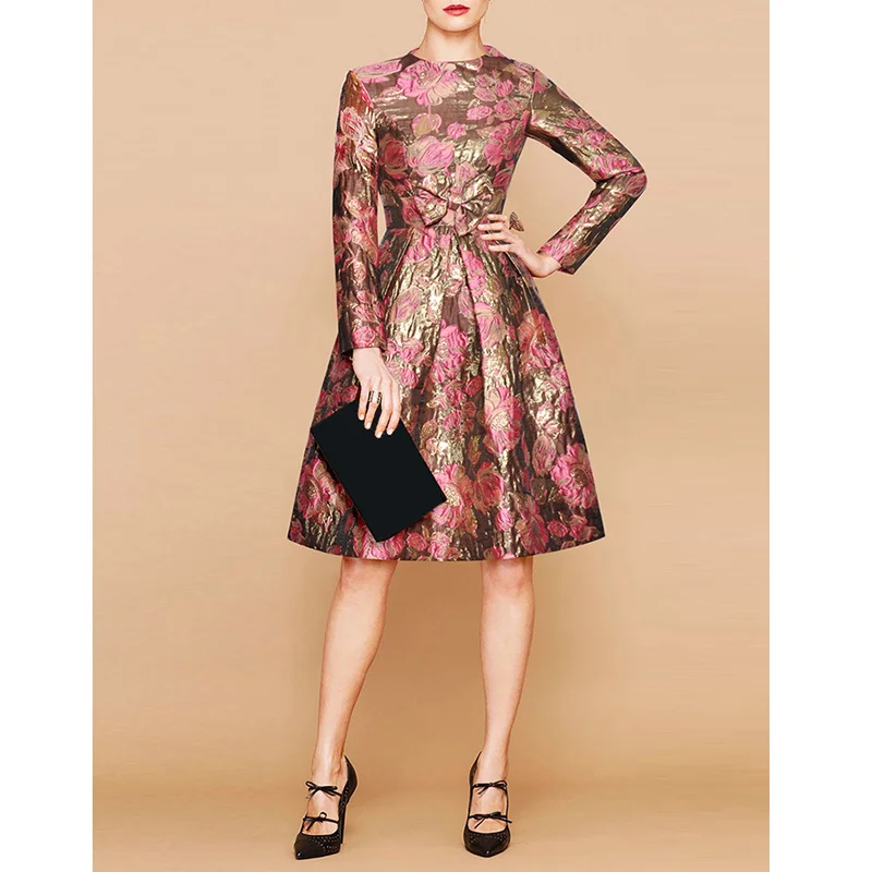 

womens winter fashion 2018 clothing luxury design rose flowers jacquard dress o-neck bow-knot high waist knee length gown dress