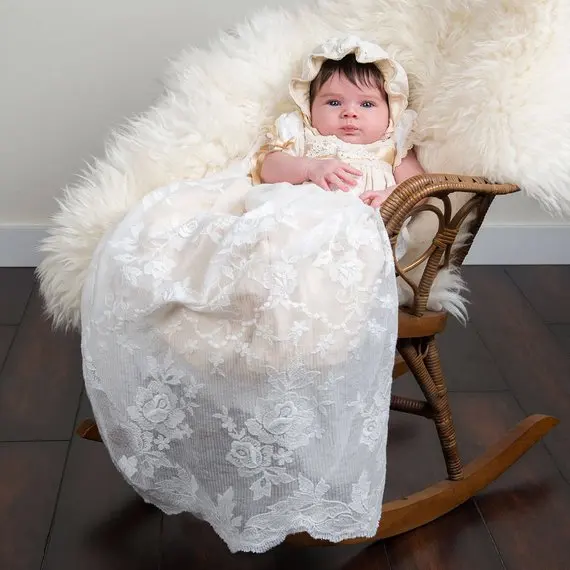

Stunning Infant Girls Christening Gown Baptism Dress Long Baby Girls Dedication Dress Blessing Baptism Gown Size 3 6 9 15 24M