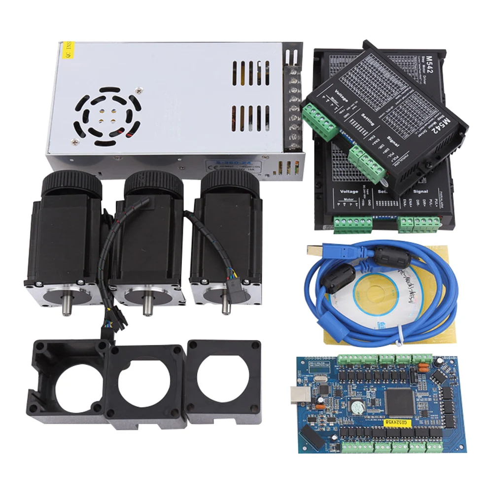 US $373.67 CNC MACH3 USB Kit 3pcs Nema 23 Stepper Motor 57HS76 3A 3pcs M542 Driver Interface BoardPower Supply