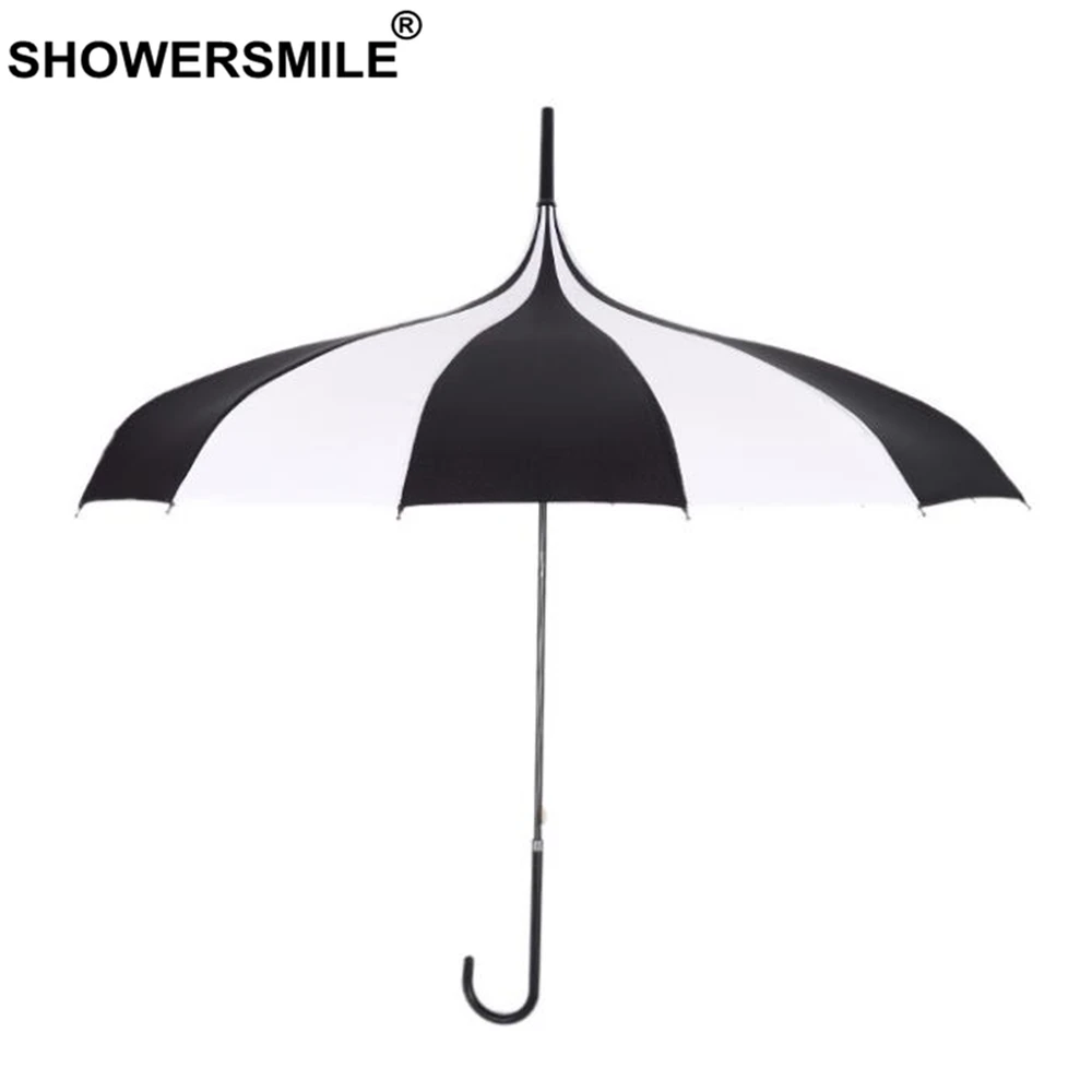 

SHOWERSMILE Pagoda Umbrella Women Tower Long-handle Umbrella Pagoda Parasol Sun Rain Striped Black White Hanging Parapluie