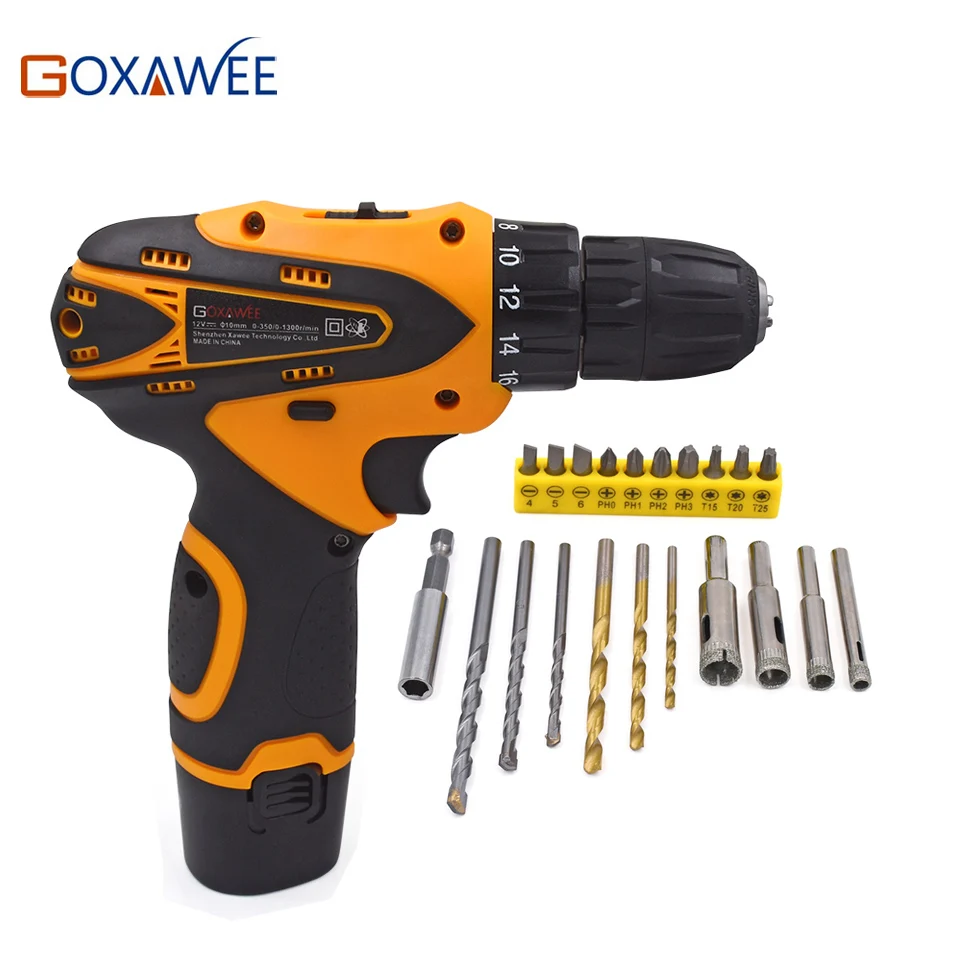GOXAWEE Electric Screwdriver Drill 12V Two Speed Cordless Battery