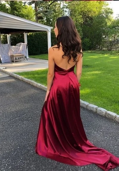 Sexy Burgundy Split Side Long Prom Dresses 2019 New Open Back Split Side Sleeveless Formal Evening Dress Party Gowns