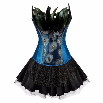 

Plus Size Corsets Bustiers Peacock Embroidery Princess Costumes Burlesque Overbust Corsets With Skirt Feather Gothic