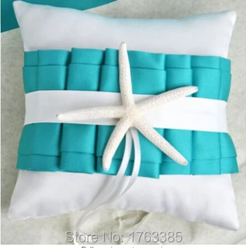 

8''x8'' White Turquoise Starfish Satin Sea Shell Ring Bearer Pillow Beach Themed Wedding Favors Bridal Shower Party Decoration