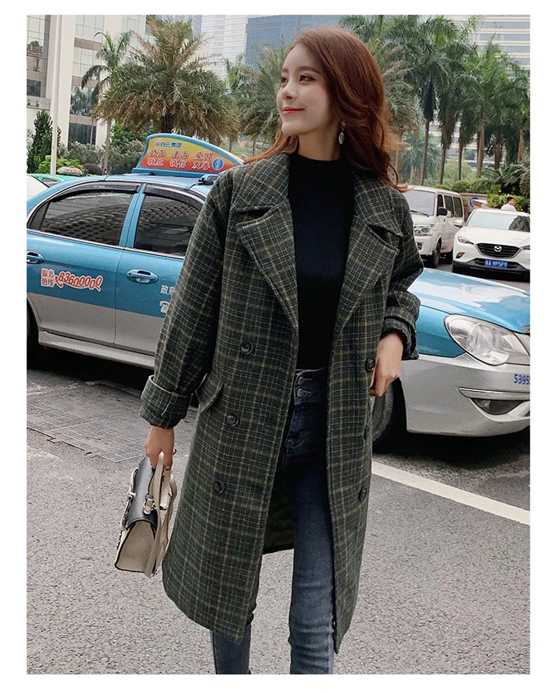 Zoki Loose Plaid Women Long Wool Blend Coat Fashion Winter Warm Jacket Elegant Double Breasted Autumn Fleece Outwear Plus Size