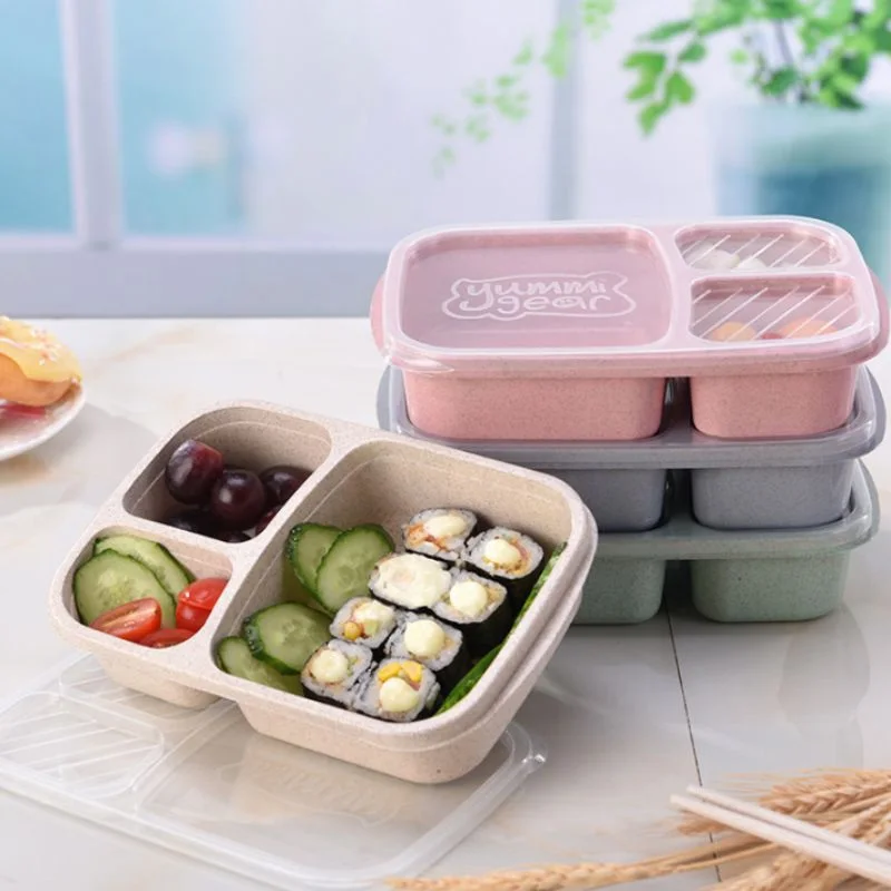 

3 Grid Food Box Lunch Wheat Straw Bento Box Biodegradable Storage Container Lunch Bento Boxes Dinnerware Set