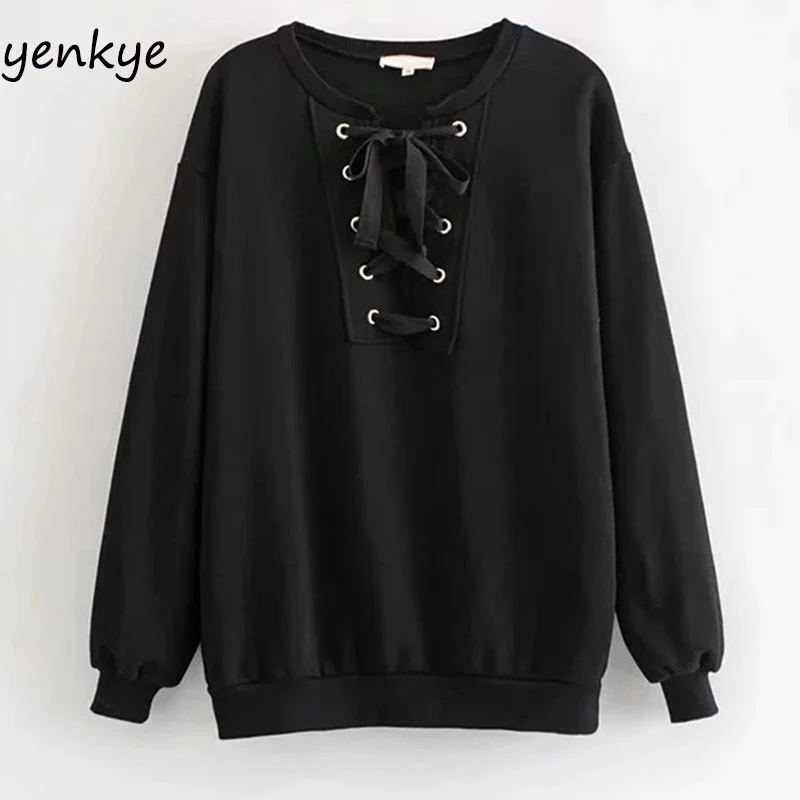 2018 Women  Eyelet Lace Up O Neck Long Sleeve Sweatshirt Female Plus Size Casual Black Pullover Hoodies sudadera mujer