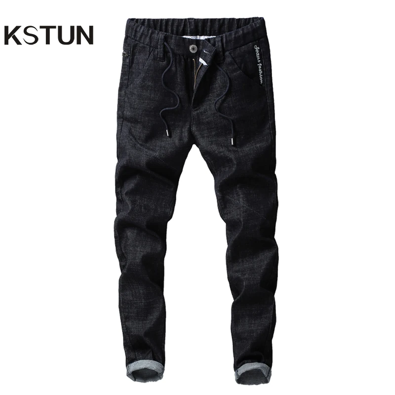 KSTUN Jeans Men Autumn Embroidered Black Stretch Elastic Waist Drawstring Slim Casual Pants Fake Zipper Classic men clothes 2018 KSTUN Jeans Men Autumn Embroidered Black Stretch Elastic Waist Drawstring Slim Casual Pants Fake Zipper Classic men clothes 2018