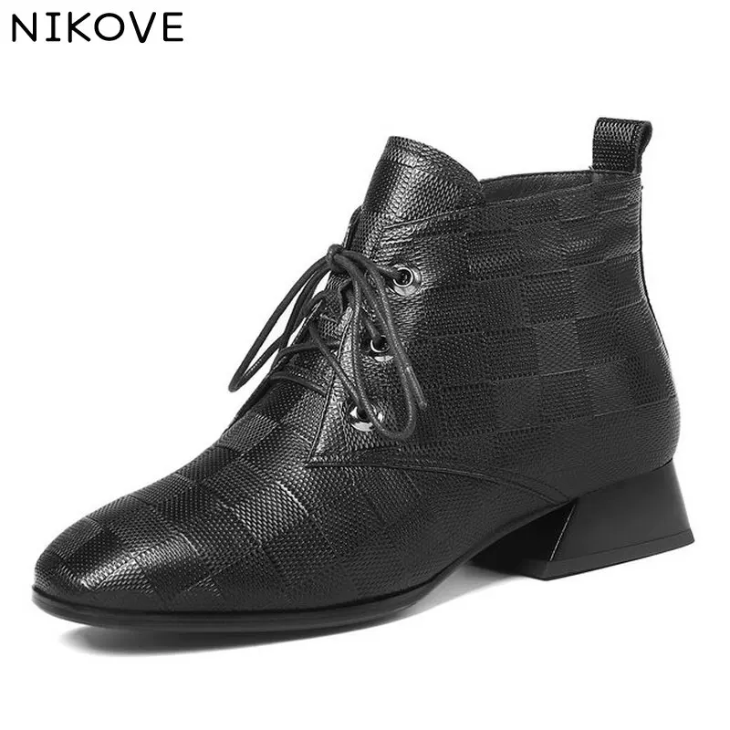 

NIKOVE 2019 Women Shoes Square Toe Square Heel Cow Leather+pu Winter Boots Women Ankle Boot Lace Up Ladies Shoes Size 34-42